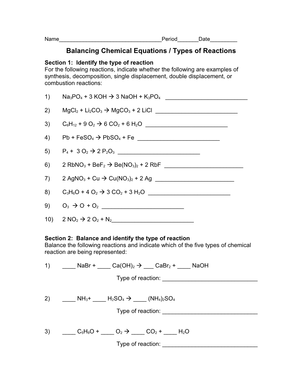 Balancing Chemical Equations Sheet s1