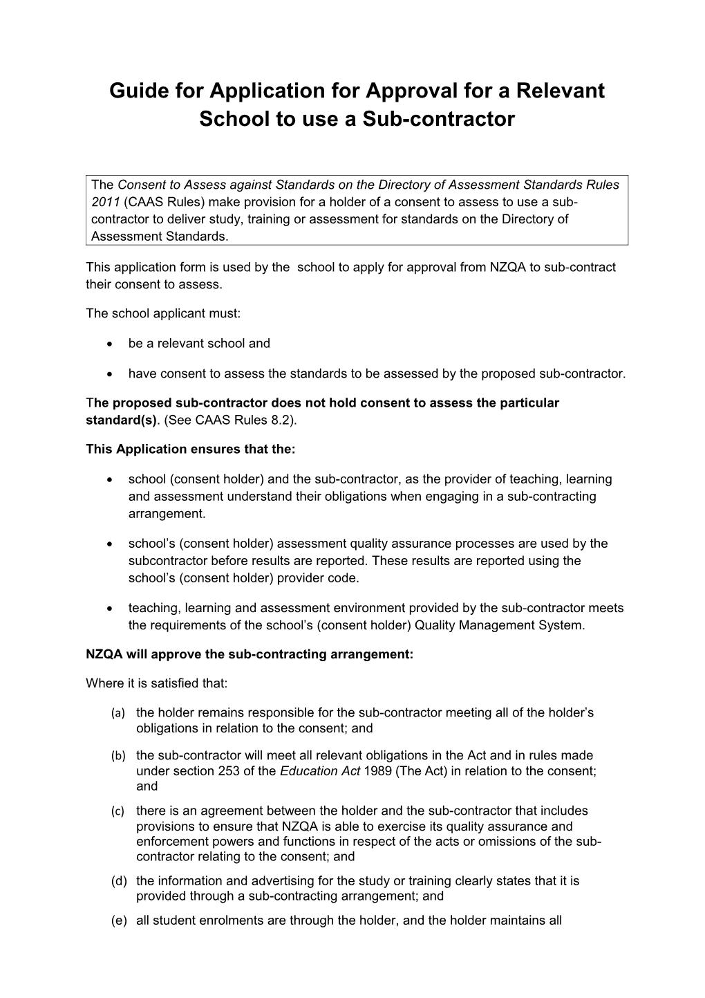 Guide for Application for Approval for a Relevant School to Use a Sub-Contractor