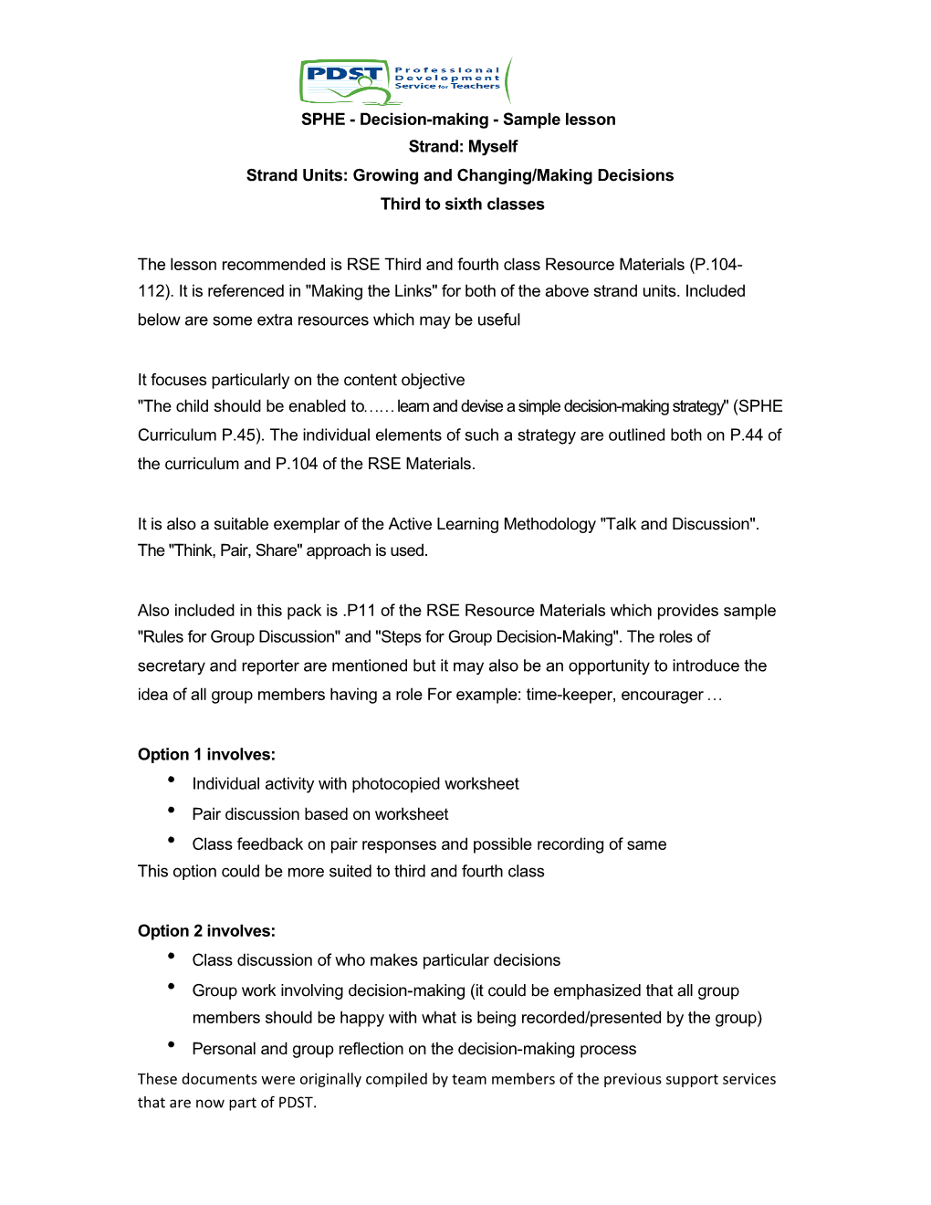 SPHE - Decision-Making - Sample Lesson