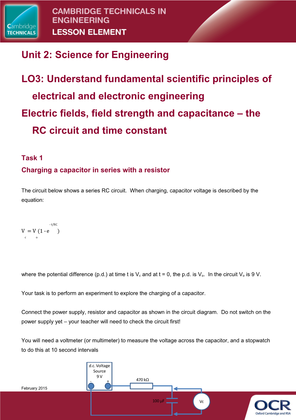 OCR Level 3 Cambridge Technicals in Engineering, Lesson Element - Electric Fields, Field