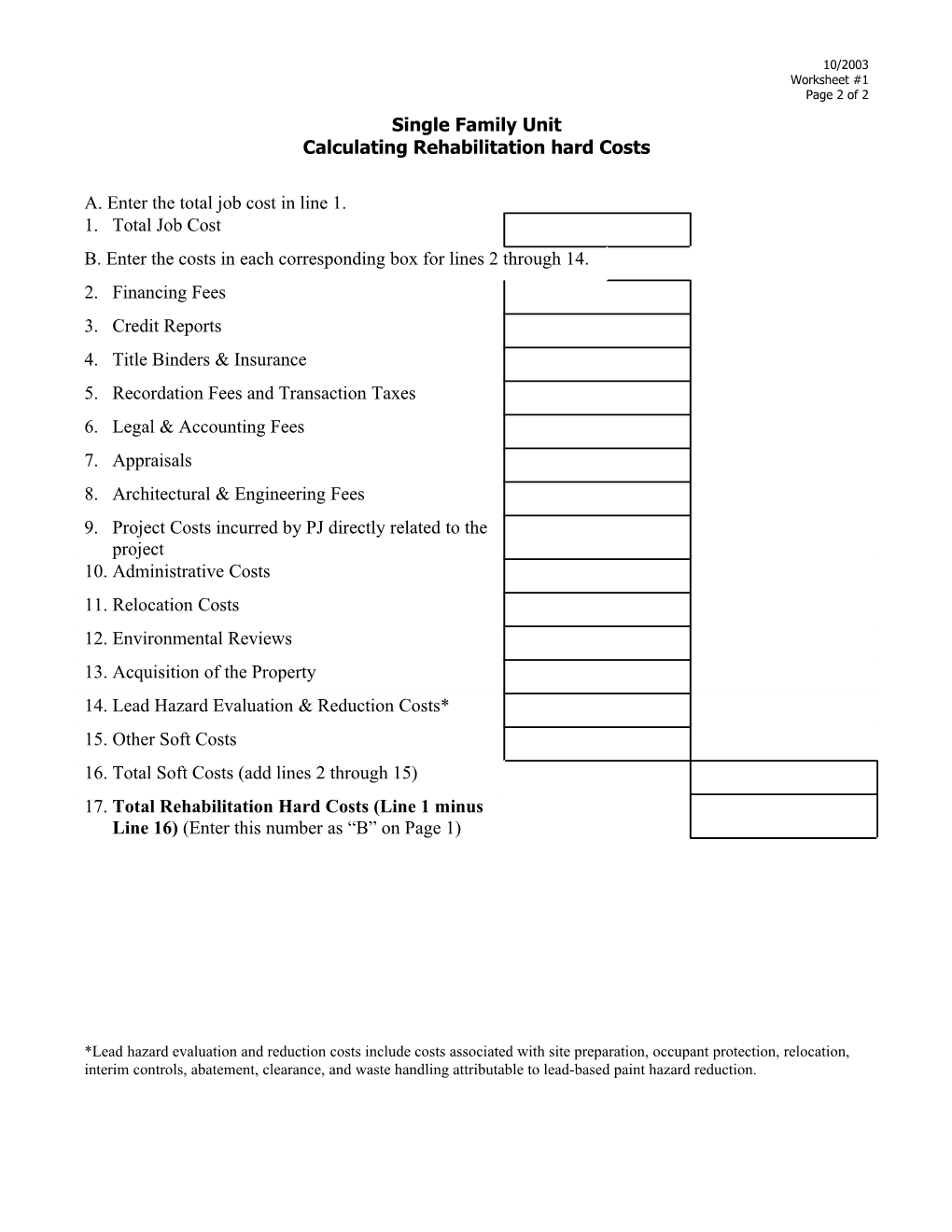 Calculating Level of Rehabilitation Assistance: Worksheet #1