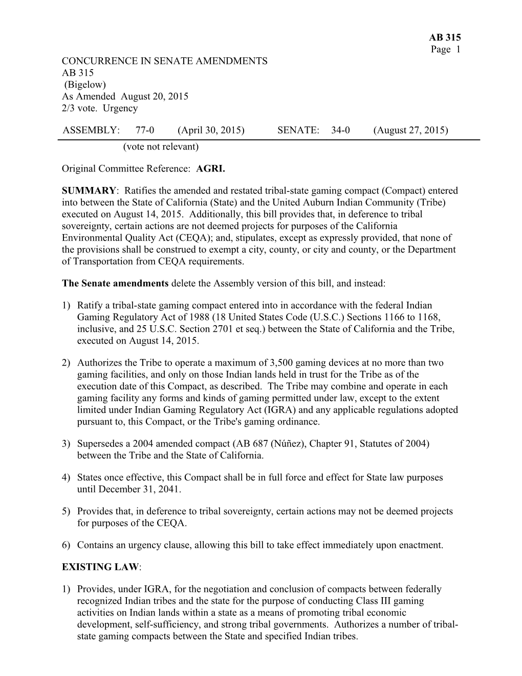 Concurrence in Senate Amendments Analysis 1