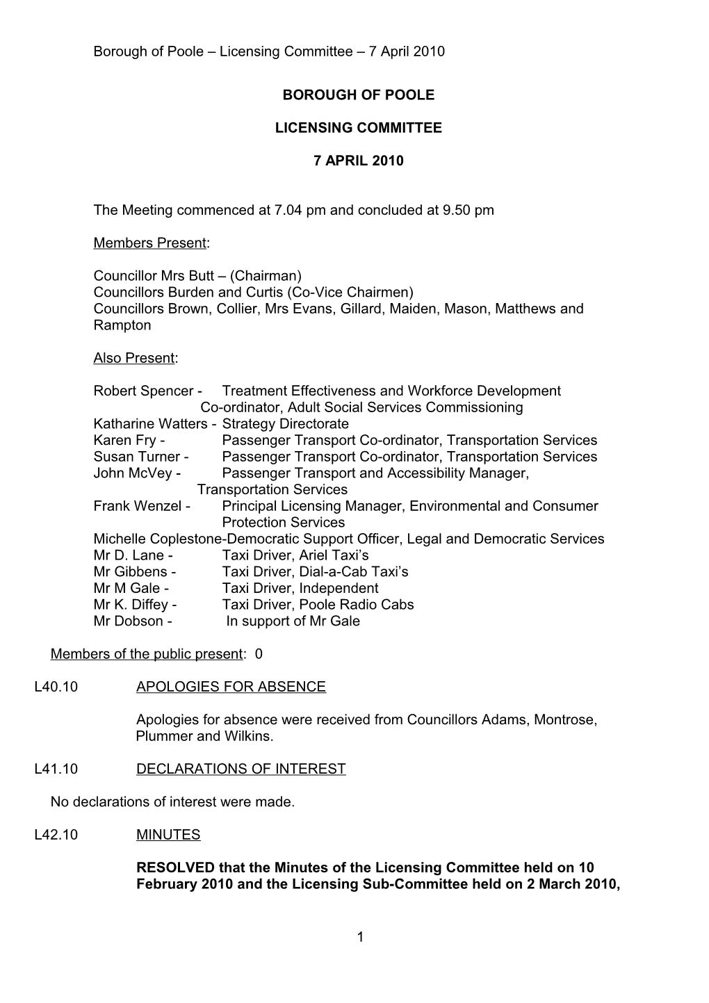 Minutes - Licensing Committee - 7 April 2010