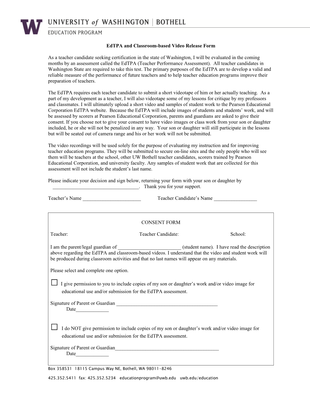 Edtpa and Classroom-Based Video Release Form