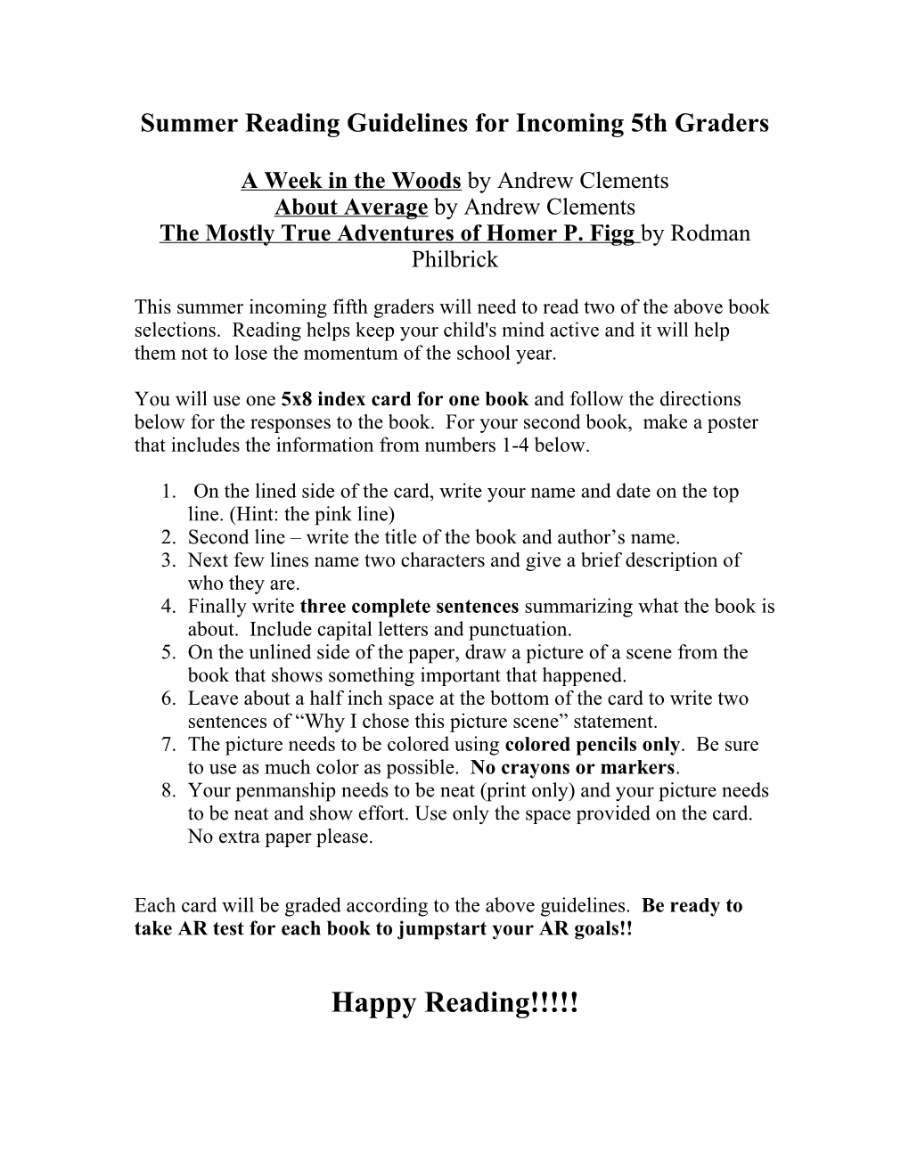 Summer Reading Guidelines for Incoming 5Th Graders