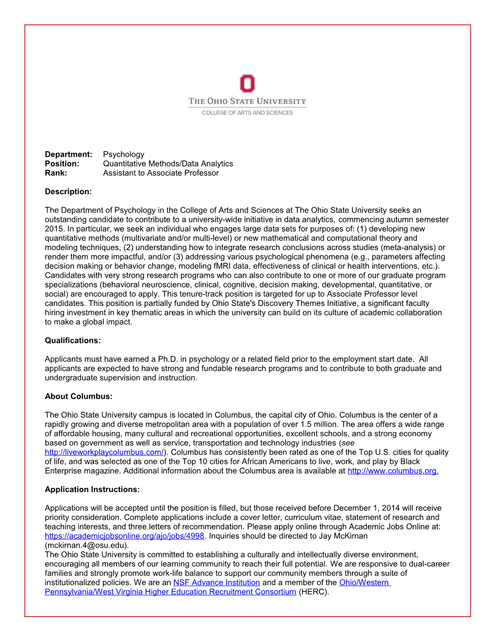 Position: Quantitative Methods/Data Analytics