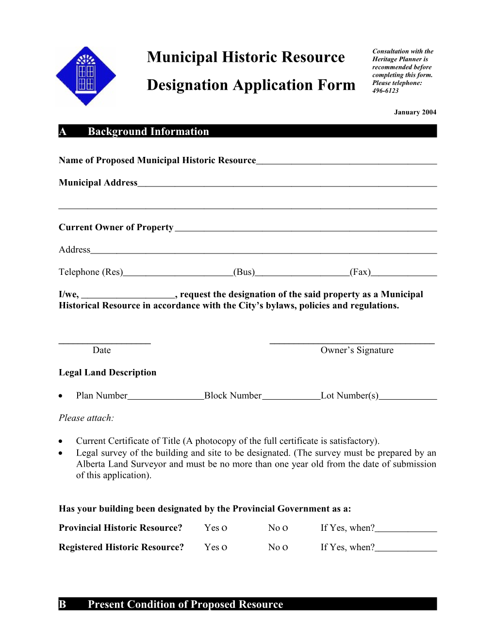 Municipal Historic Resource - Designation Application Form