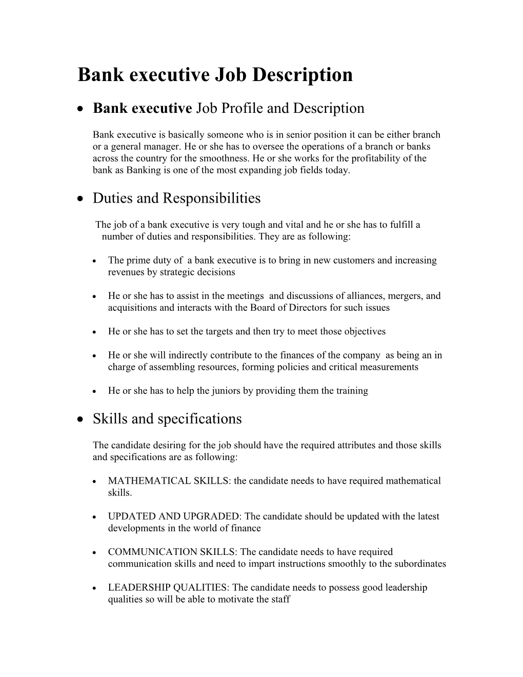 Bank Executive Job Description