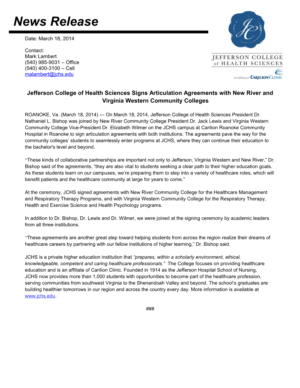 Jefferson College of Health Sciences Signs Articulation Agreements with New River and Virginia