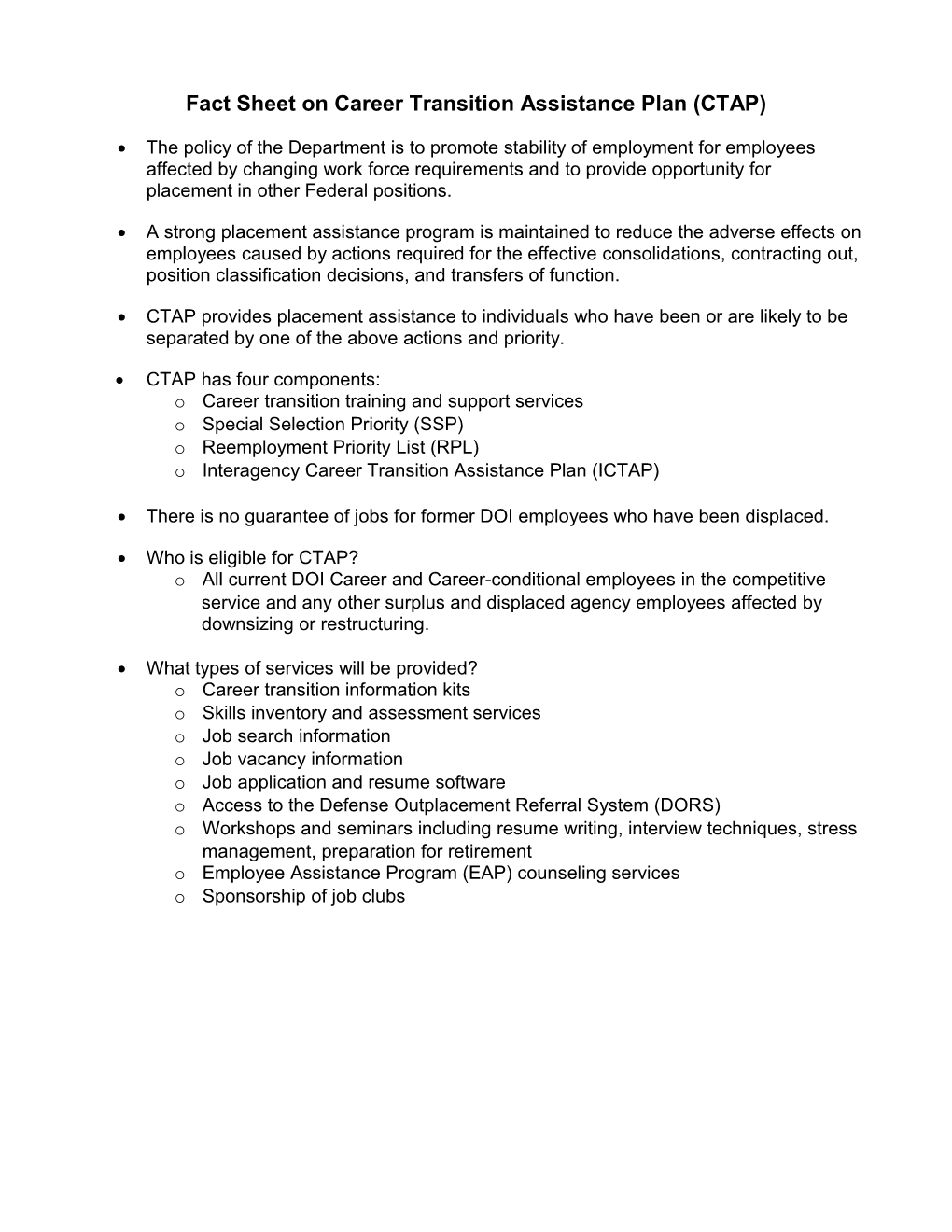 Fact Sheet on Career Transition Assistance Plan (CTAP)