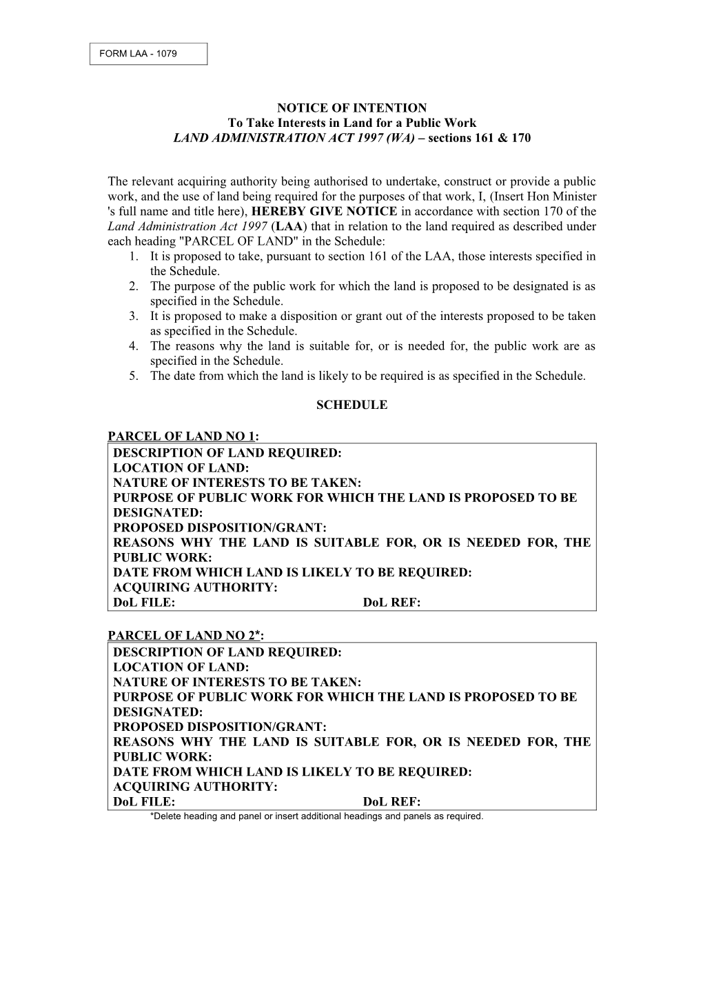 LAA Form 1079 Notice of Intention to Take Interests in Land for a Public Work (Sections