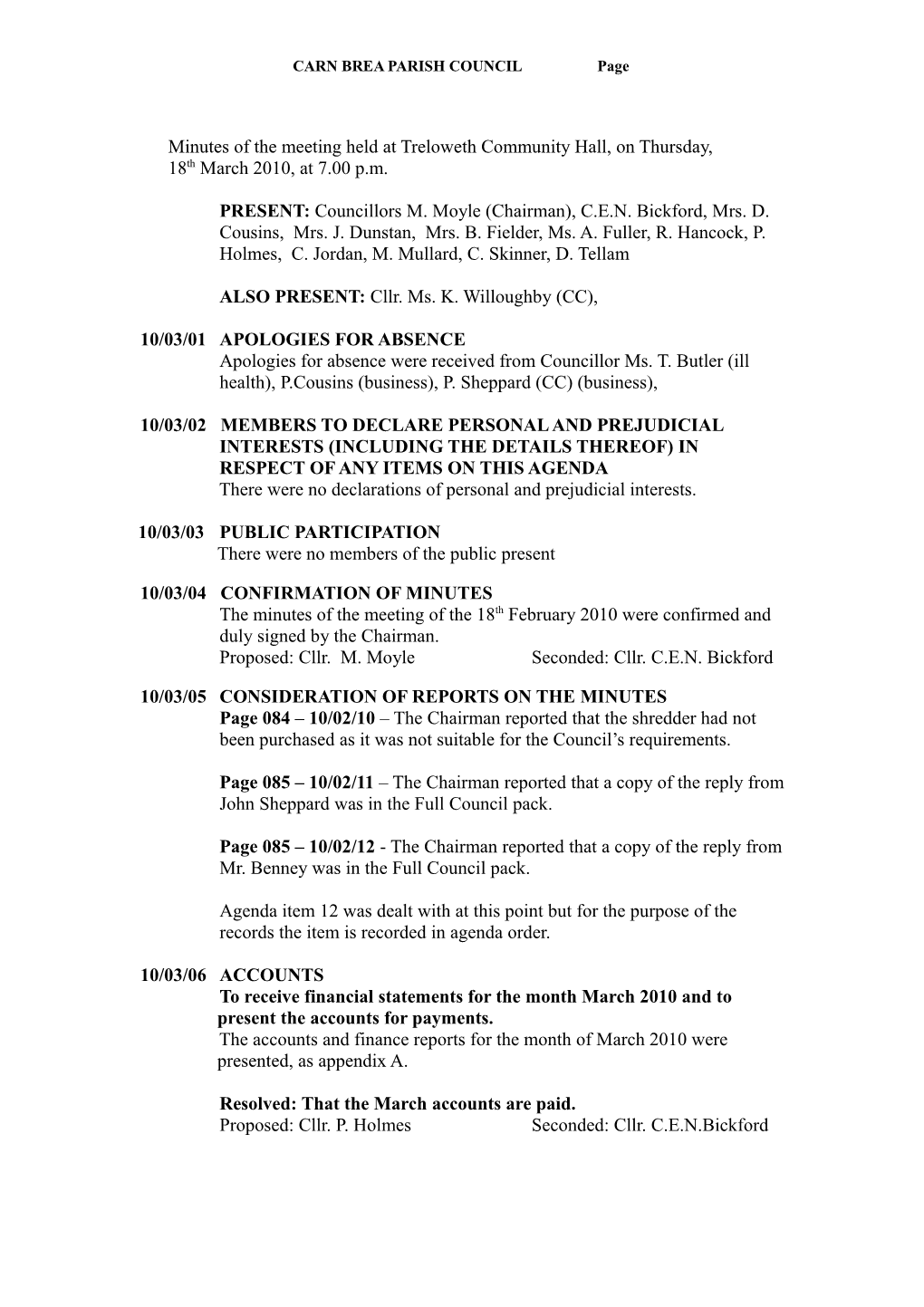 Minutes of the Meeting Held at Treloweth Community Hall, on Thursday, 2003 at 7 s2