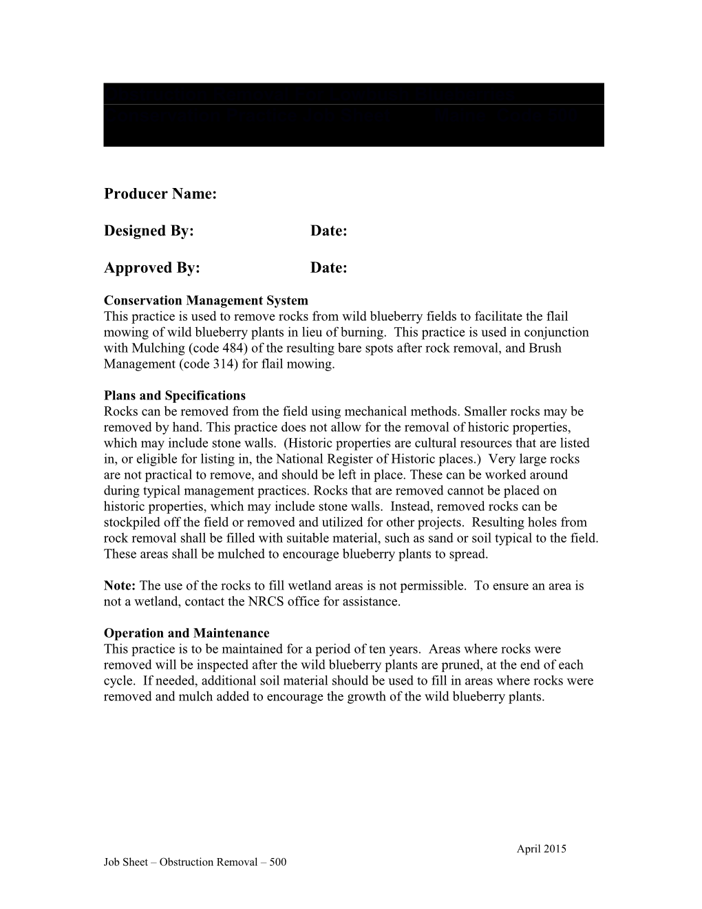 Job Sheet for Wild Blueberry Conservation Practices Obstruction Removal Code 500