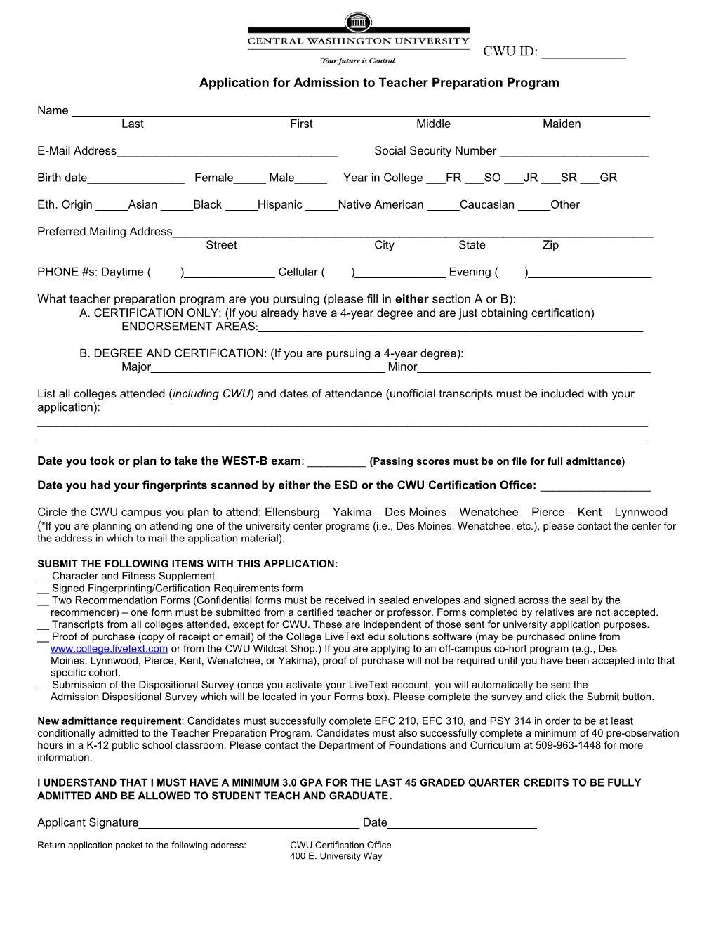 Application for Admission to Teacher Preparation Program