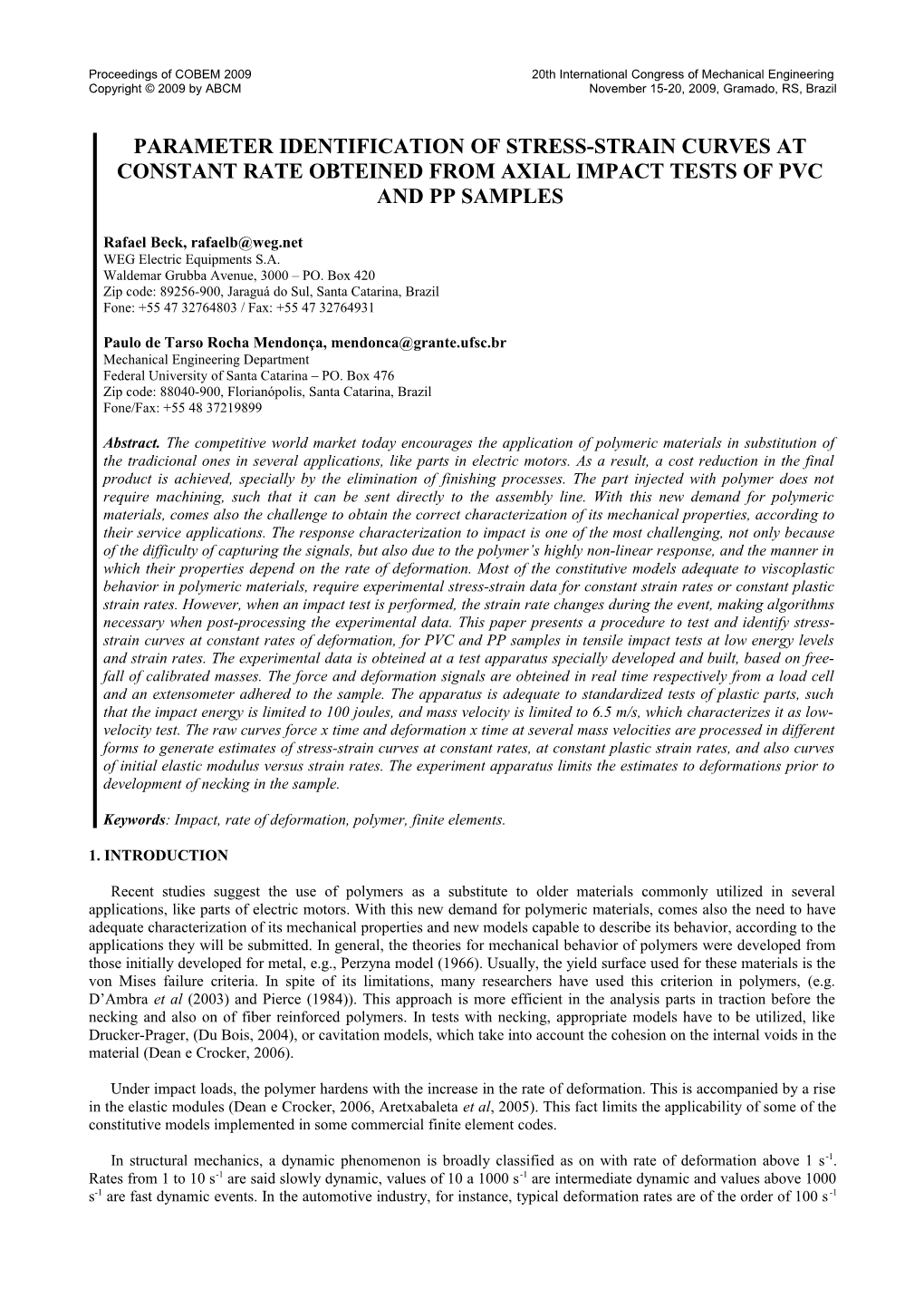 Proceedings of COBEM 200920Th International Congress of Mechanical Engineering