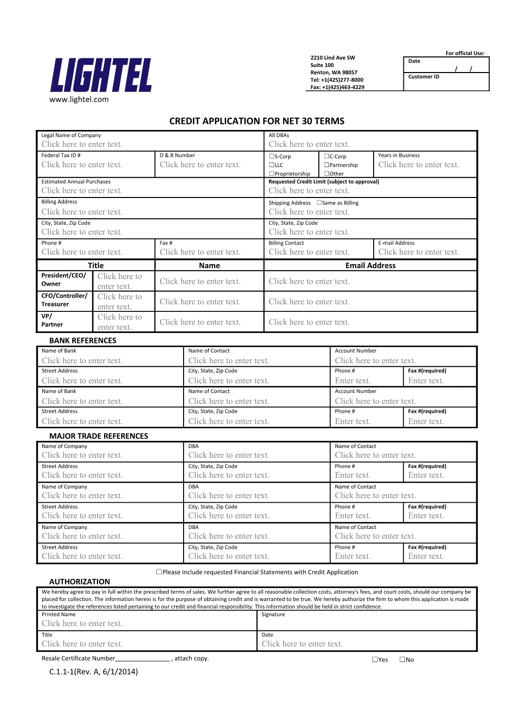 Credit Application for Net 30 Terms