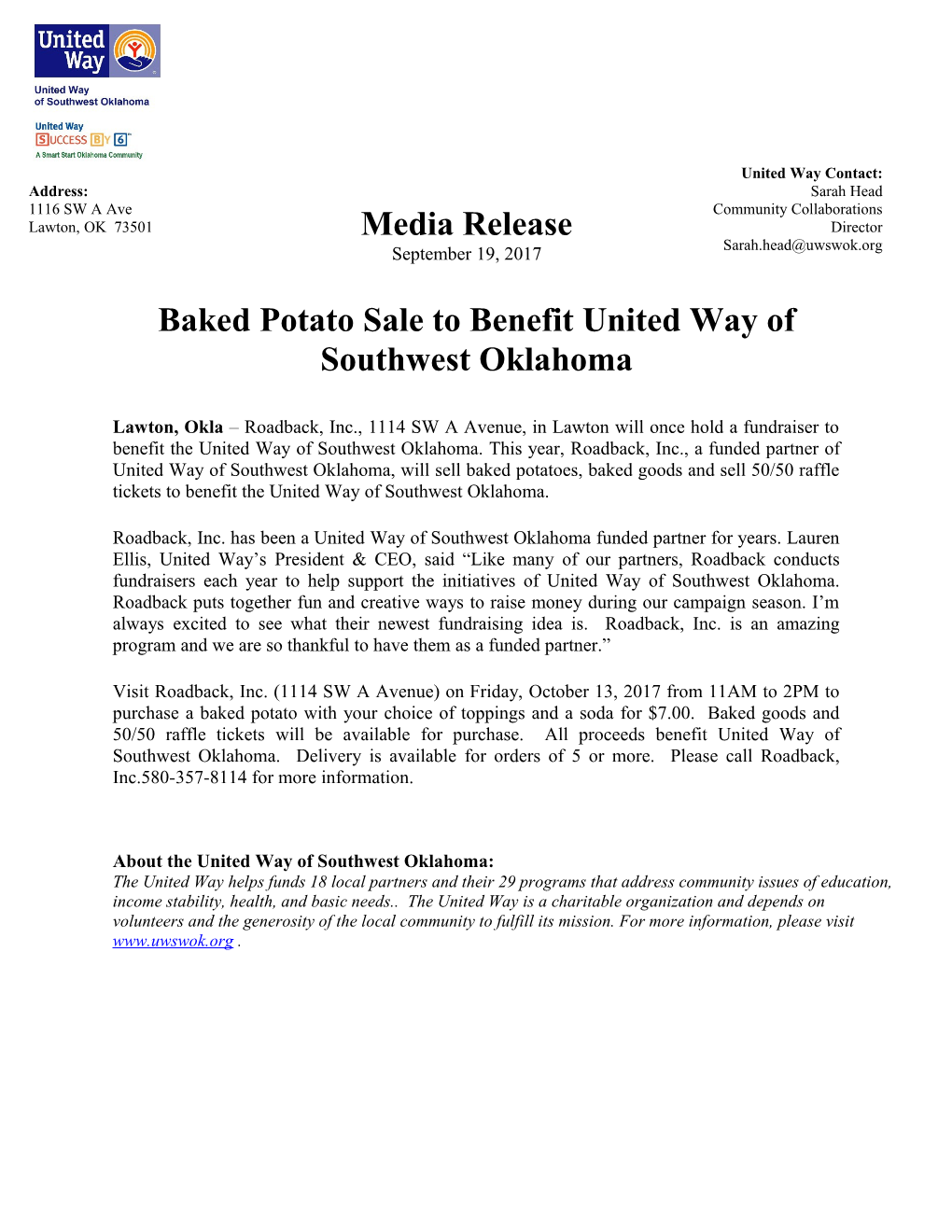 Baked Potato Sale to Benefit United Way of Southwest Oklahoma