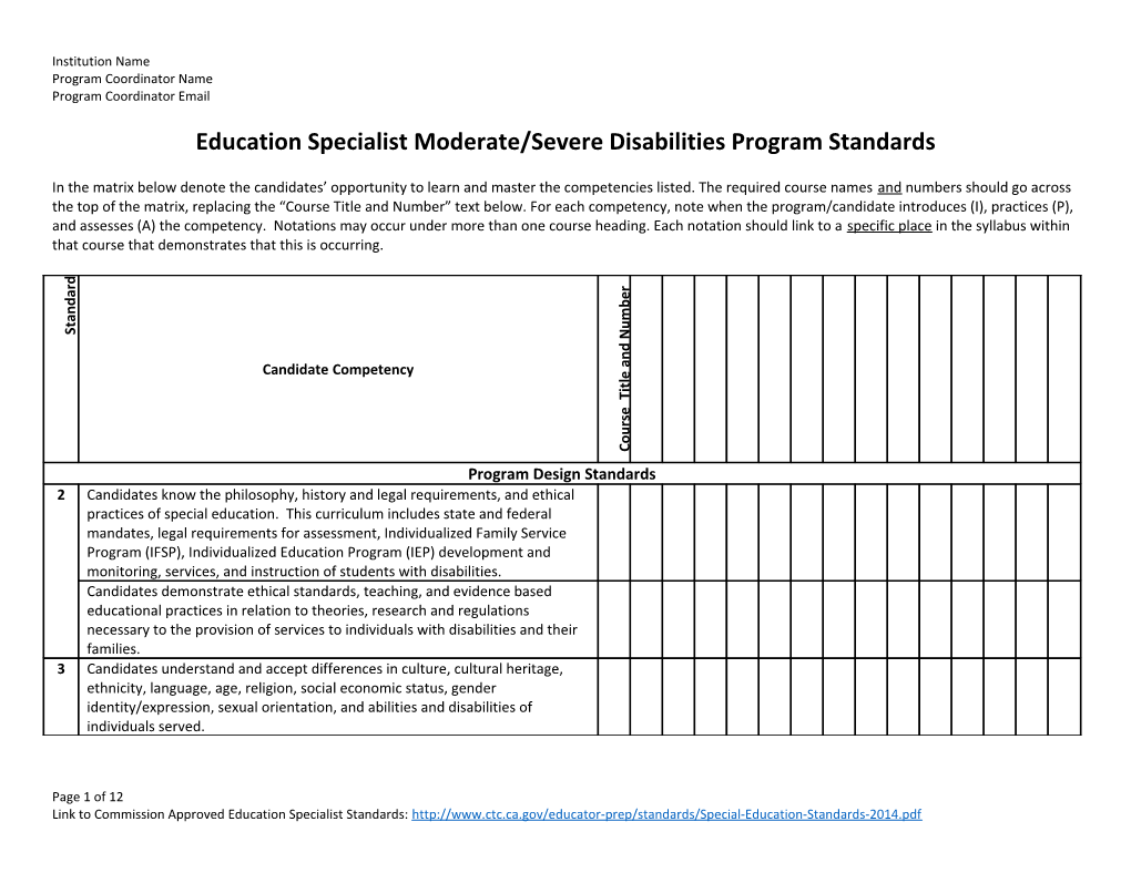 Education Specialist Moderate/Severe Disabilities Program Standards