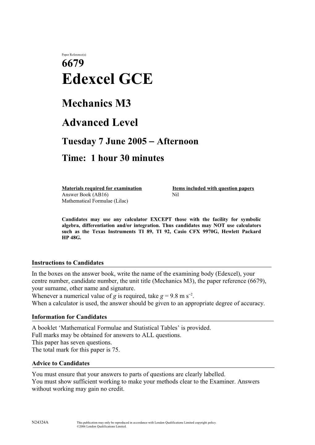 June 2005 - 6679 Mechanics M3 - Question Paper