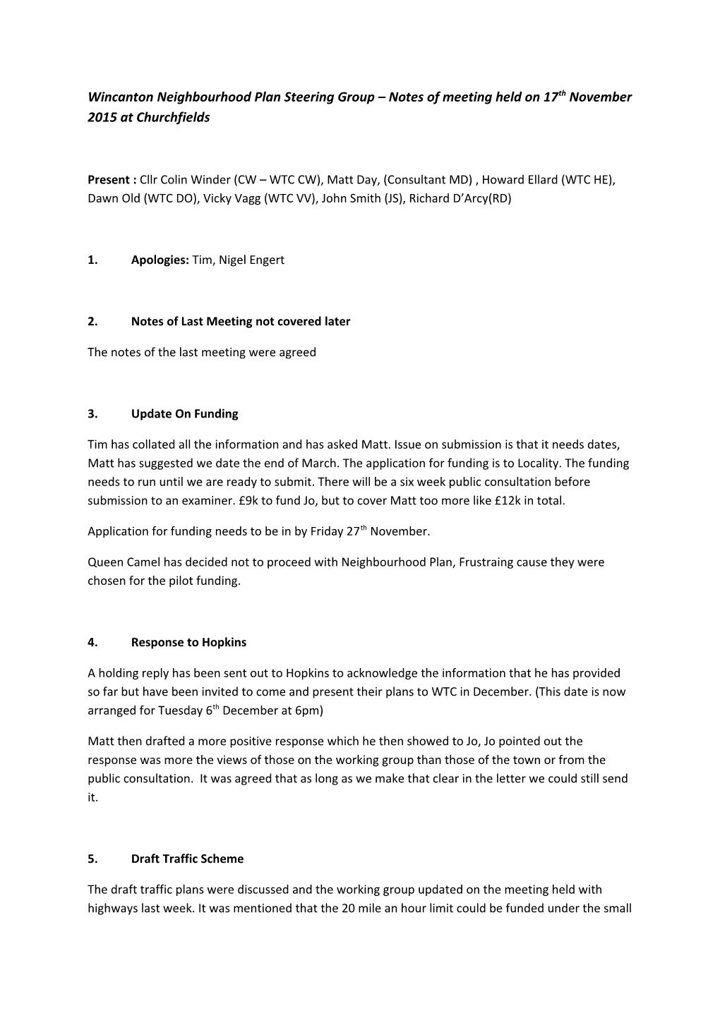 Wincanton Neighbourhood Plan Steering Group Notes of Meeting Held on 17Th November 2015