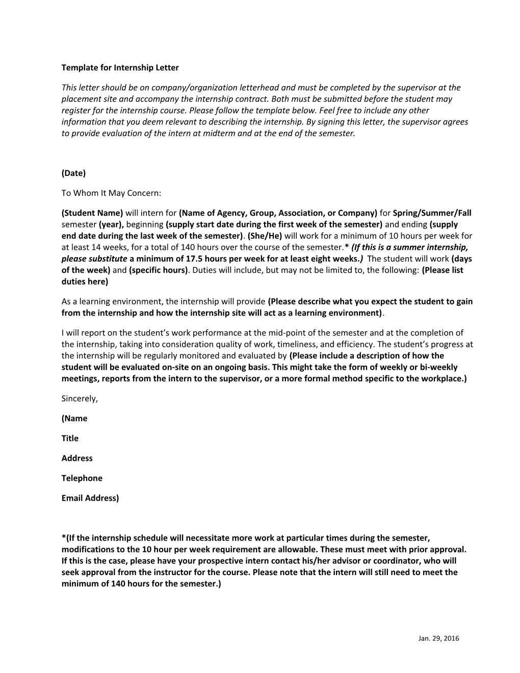 Template for Internship Letter