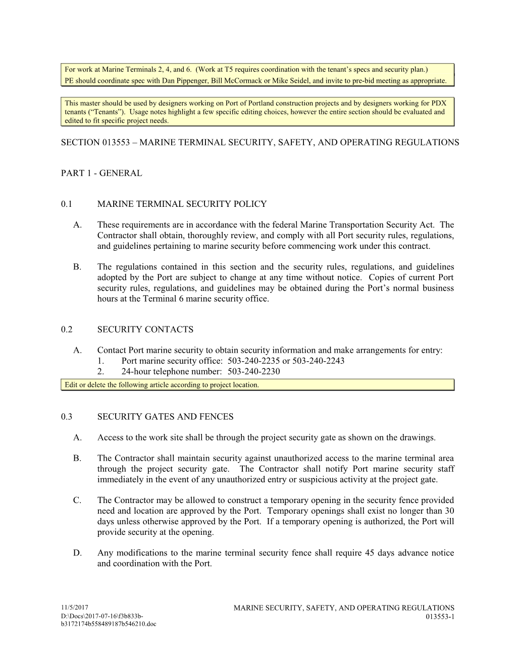 Section 013553 -Marine Terminal Security, Safety & Operating Regulations