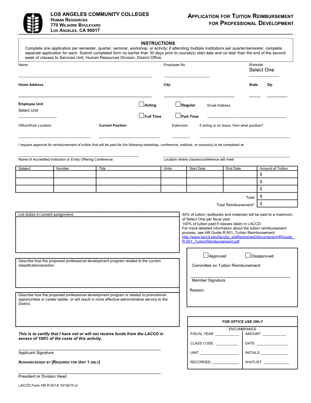 LACCD Form HR R-501A 10/18/10 St