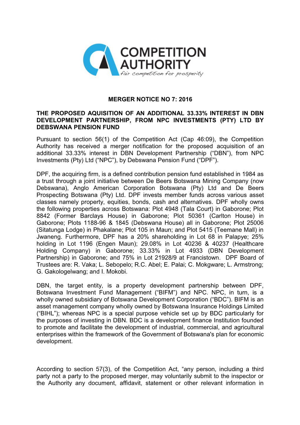 Merger Notice No 7: 2016