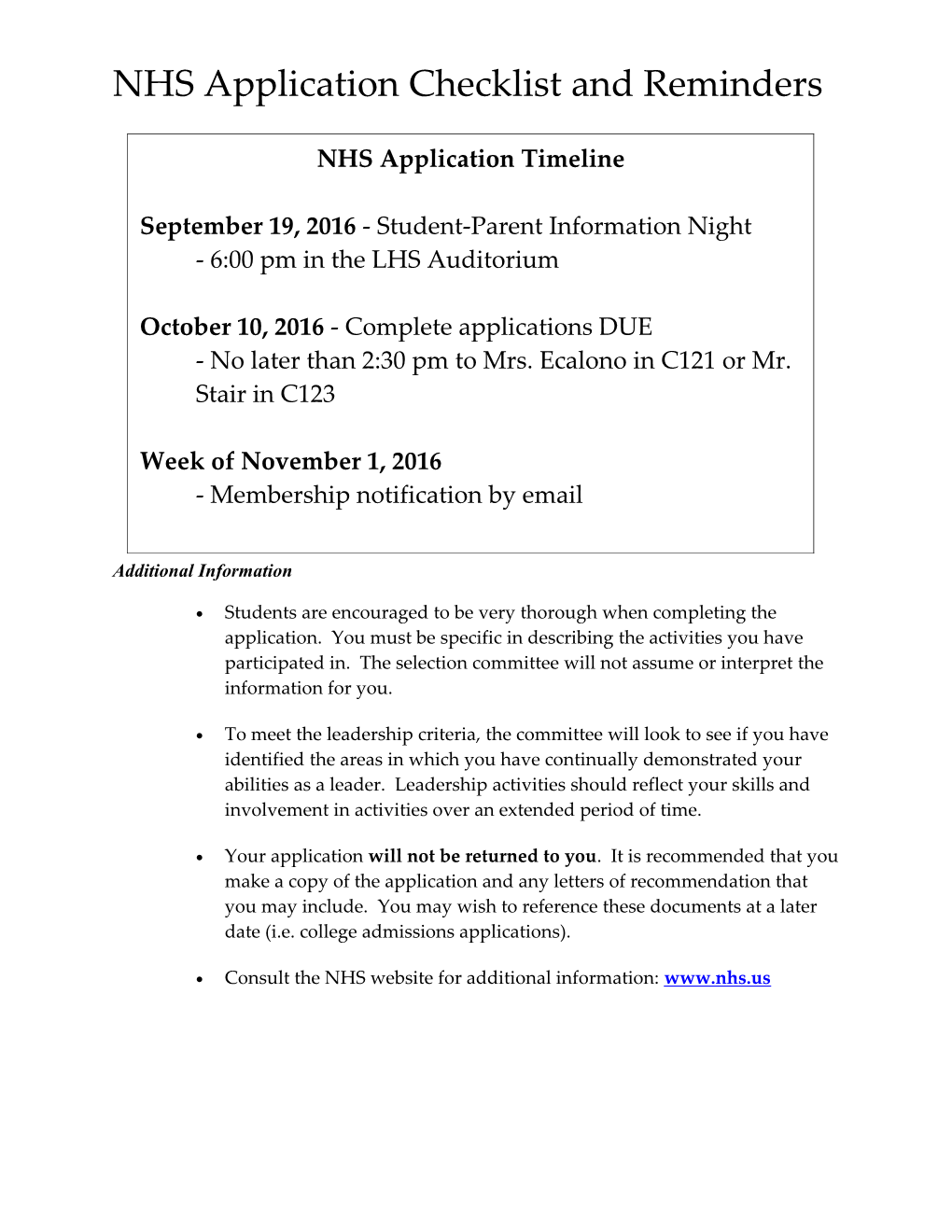 NHS Application Checklist and Reminders