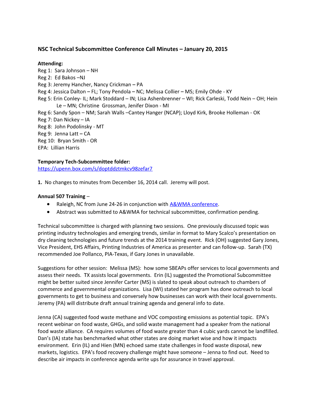 NSC Technical Subcommittee Conference Call Minutes January 20, 2015