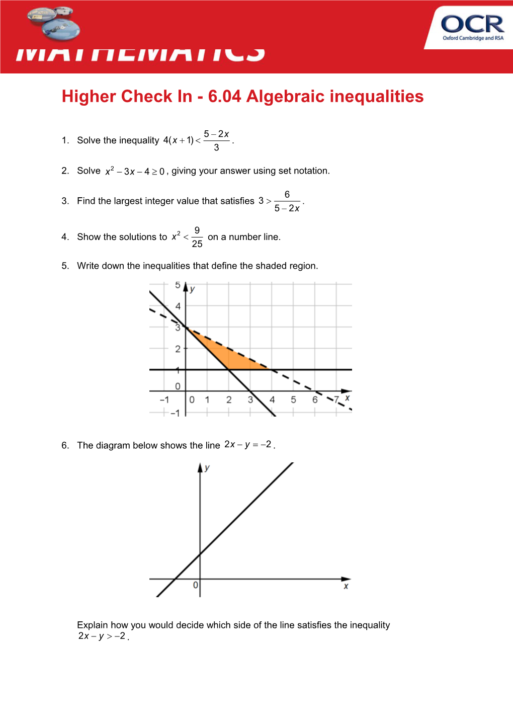 GCSE (9-1) Mathematics Higher Check in - 6.04 Algebraic Inequalities