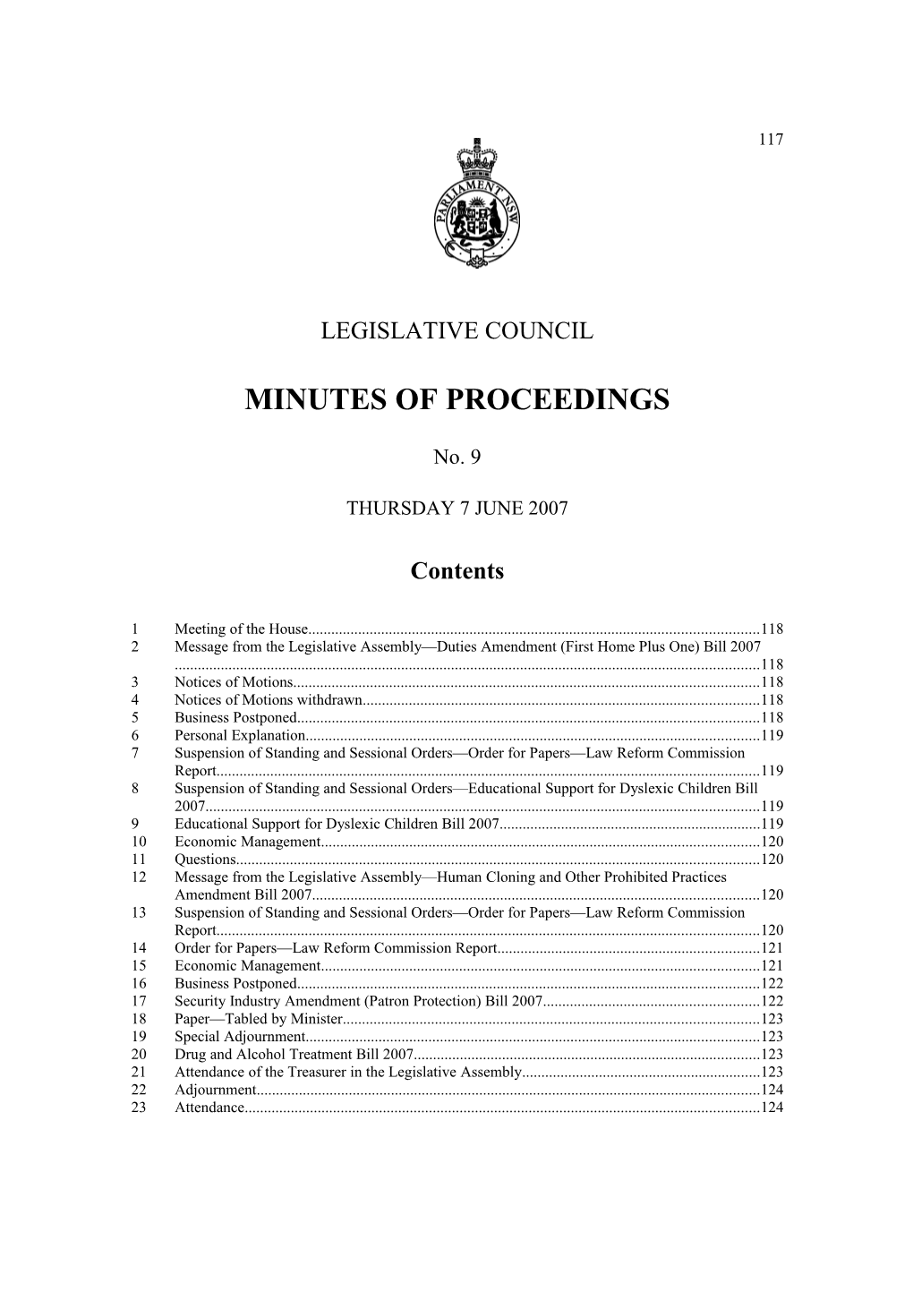Legislative Council Minutes No. 9 Thursday 7 June 2007