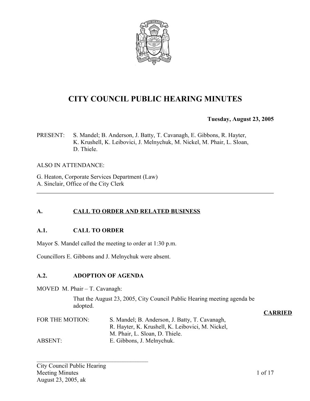 Minutes for City Council August 23, 2005 Meeting