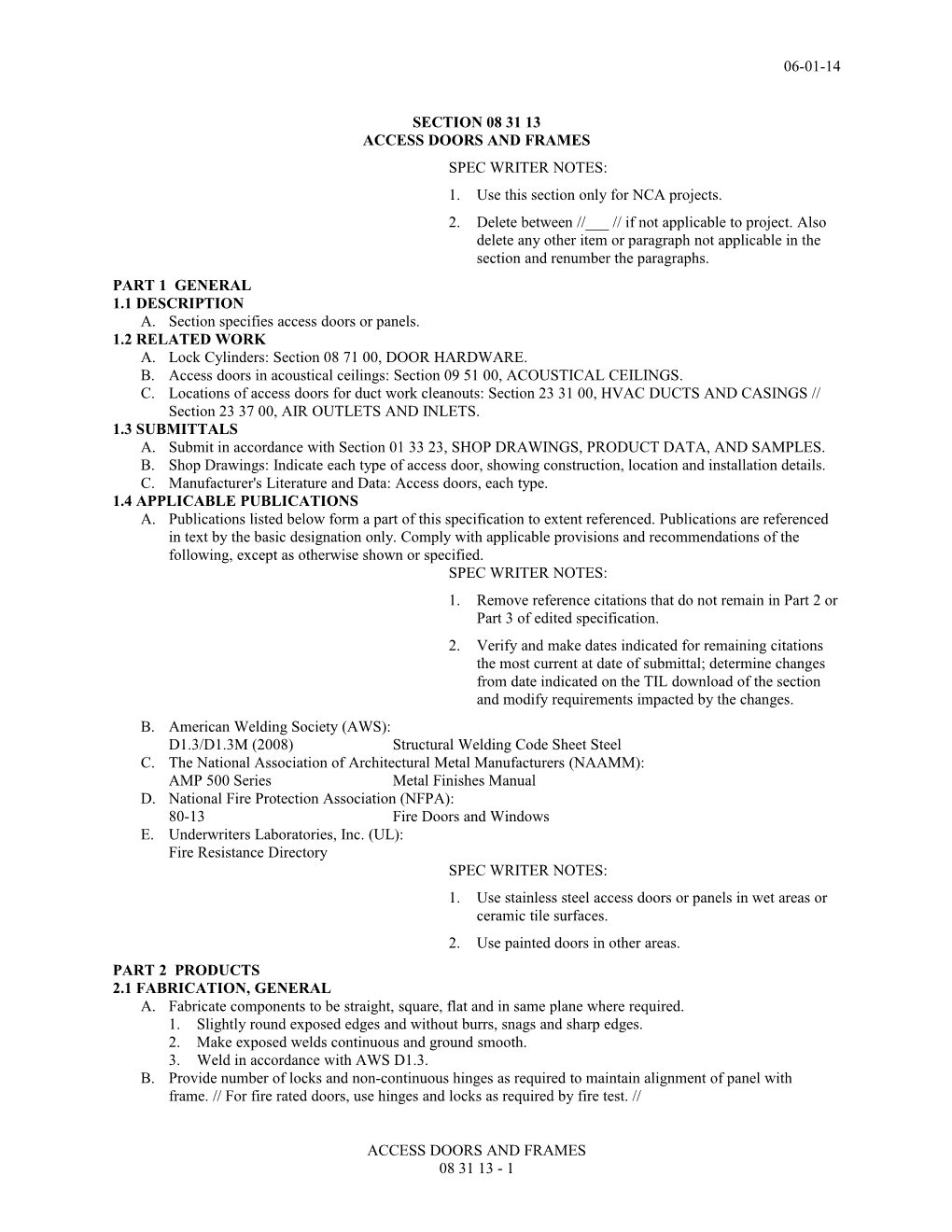 Section 08 31 13 Access Doors and Frames
