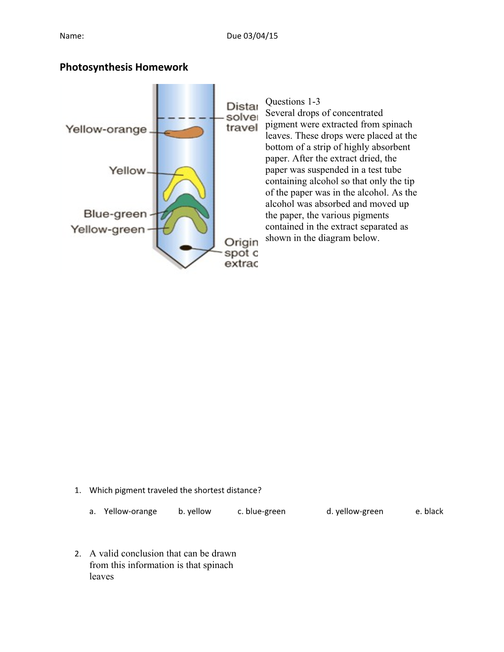 Photosynthesis Homework