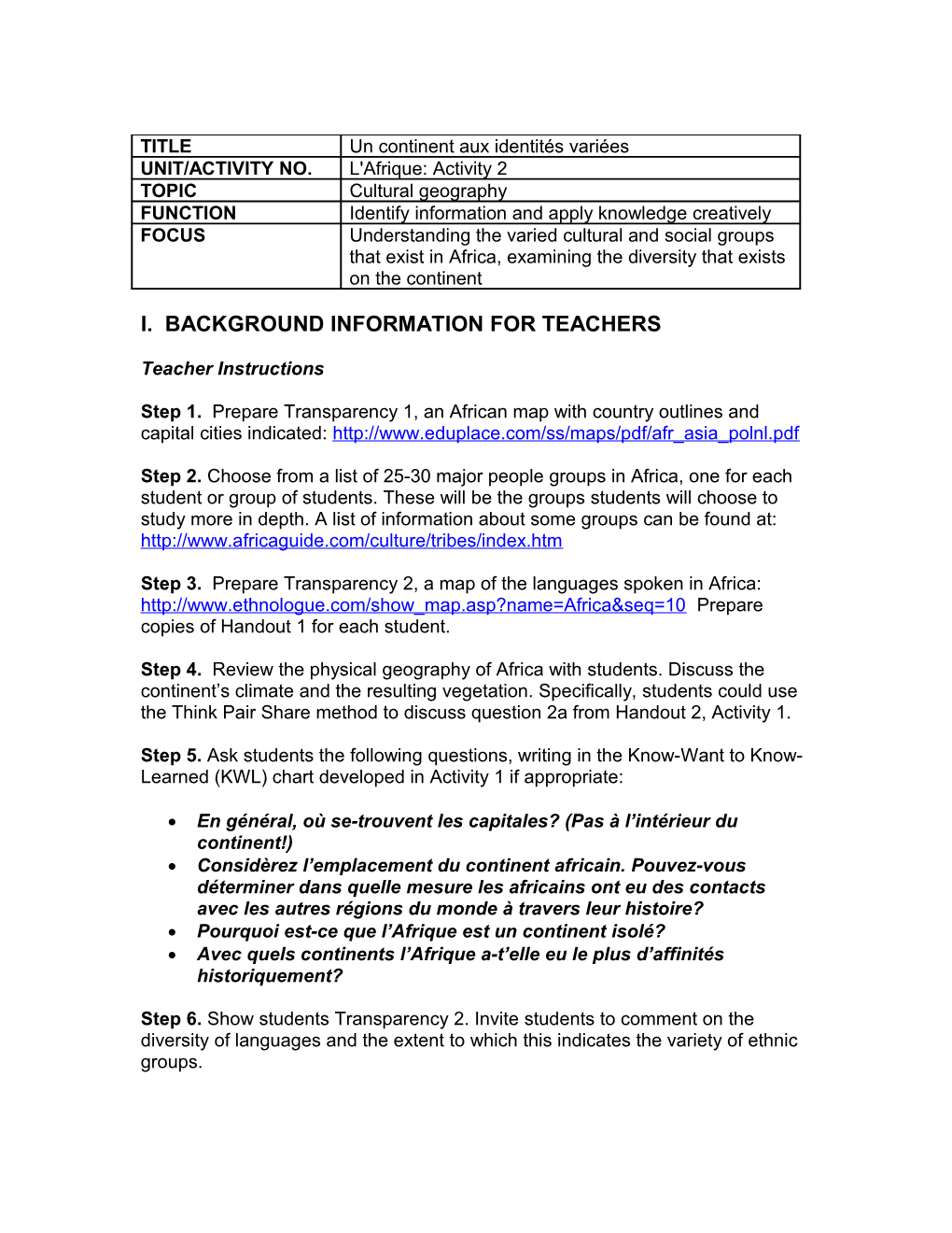 I. Background Information for Teachers s4