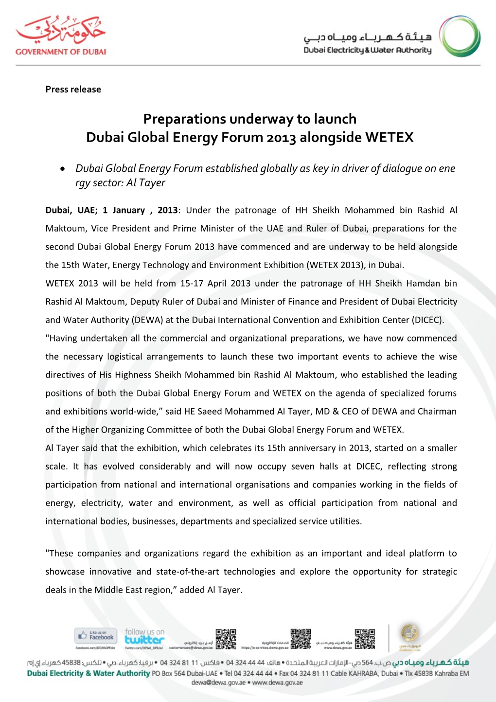 Preparations Underway to Launch Dubai Global Energy Forum 2013 Alongside WETEX