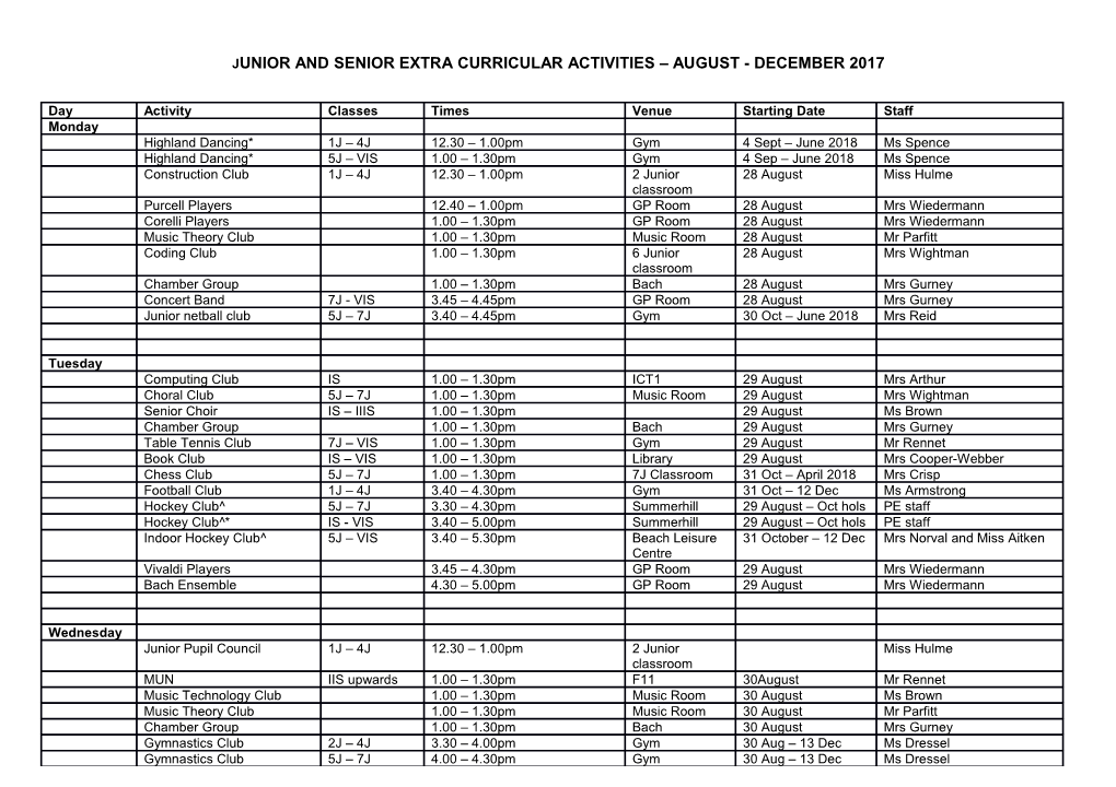 Junior and Senior Extra Curricular Activities August - December 2017