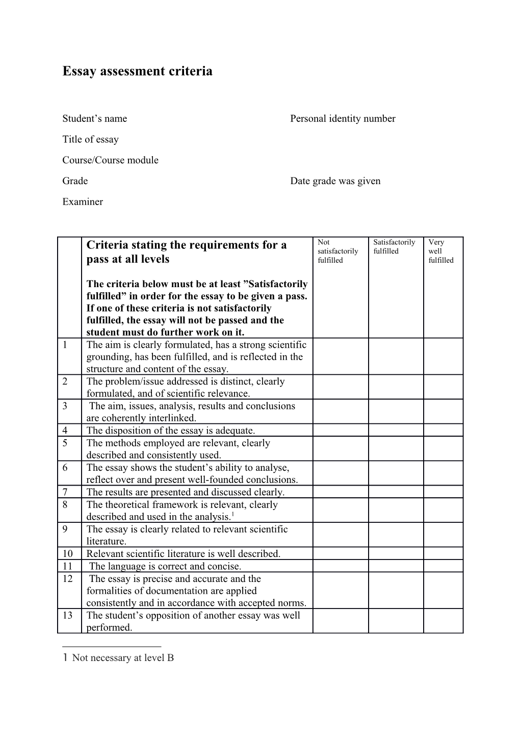 Essay Assessment Criteria