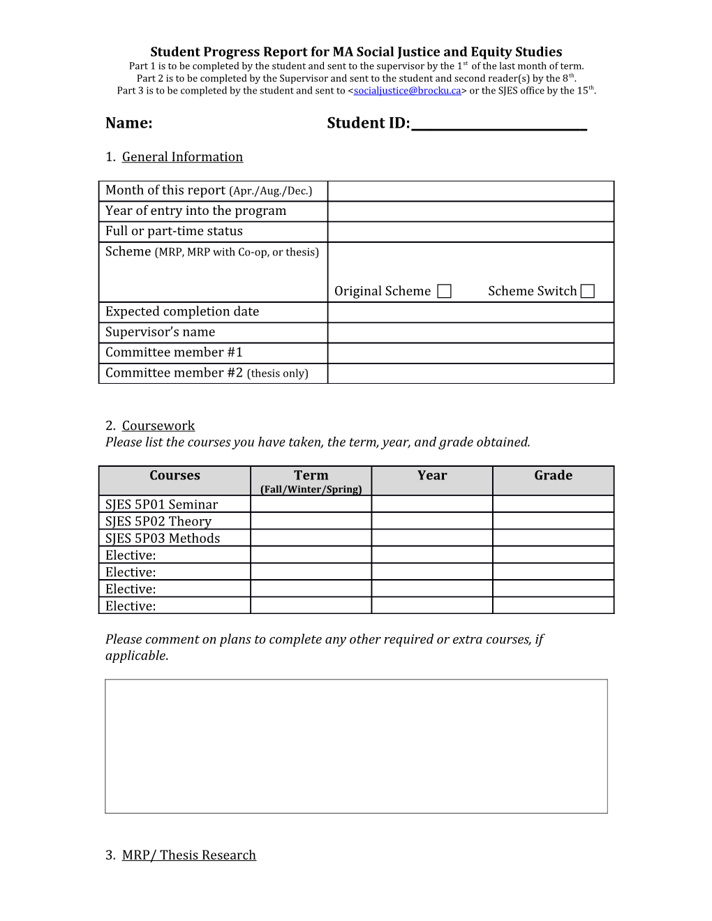 Student Progress Report for MA Social Justice and Equity Studies