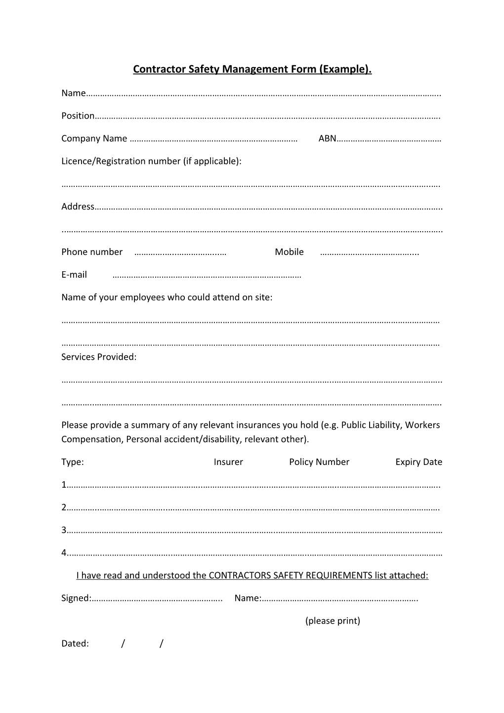 Contractor Safety Management Form (Example)