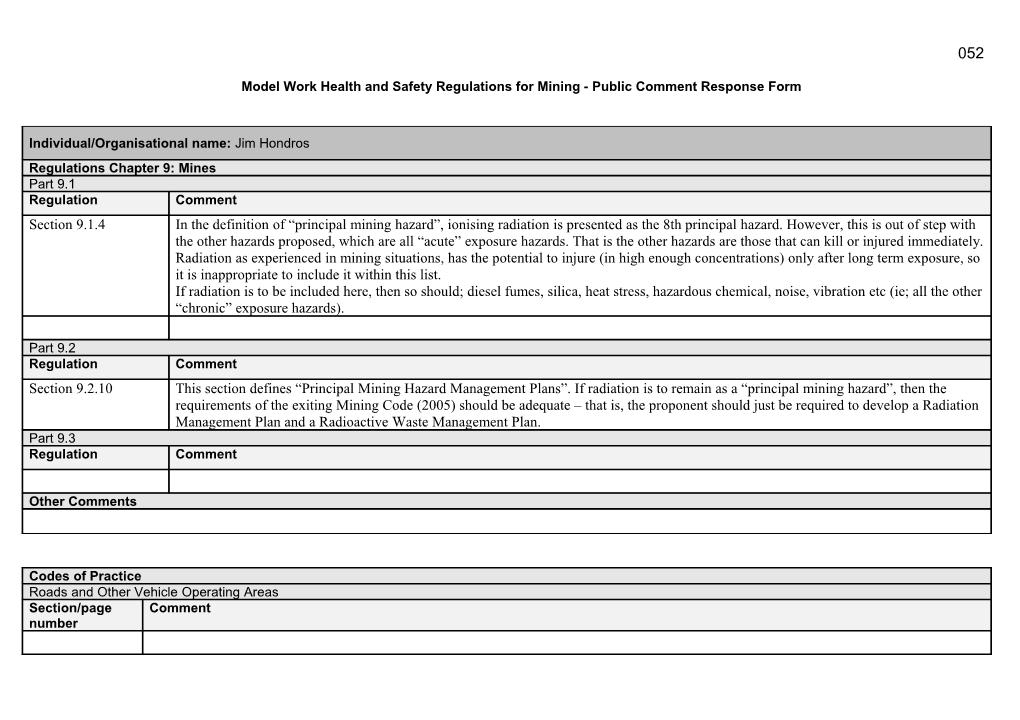Model Work Health and Safety Regulations for Mining - Public Comment Response Form s2