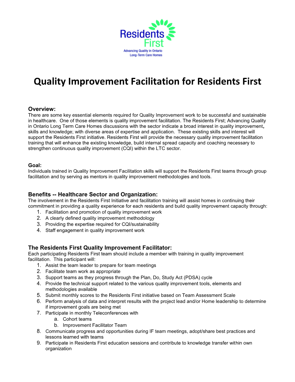 Quality Improvement Facilitation for Residents First