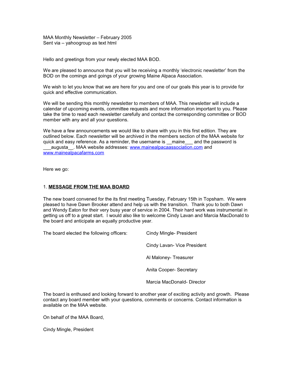 MAA Monthly Newsletter February 2005 s1