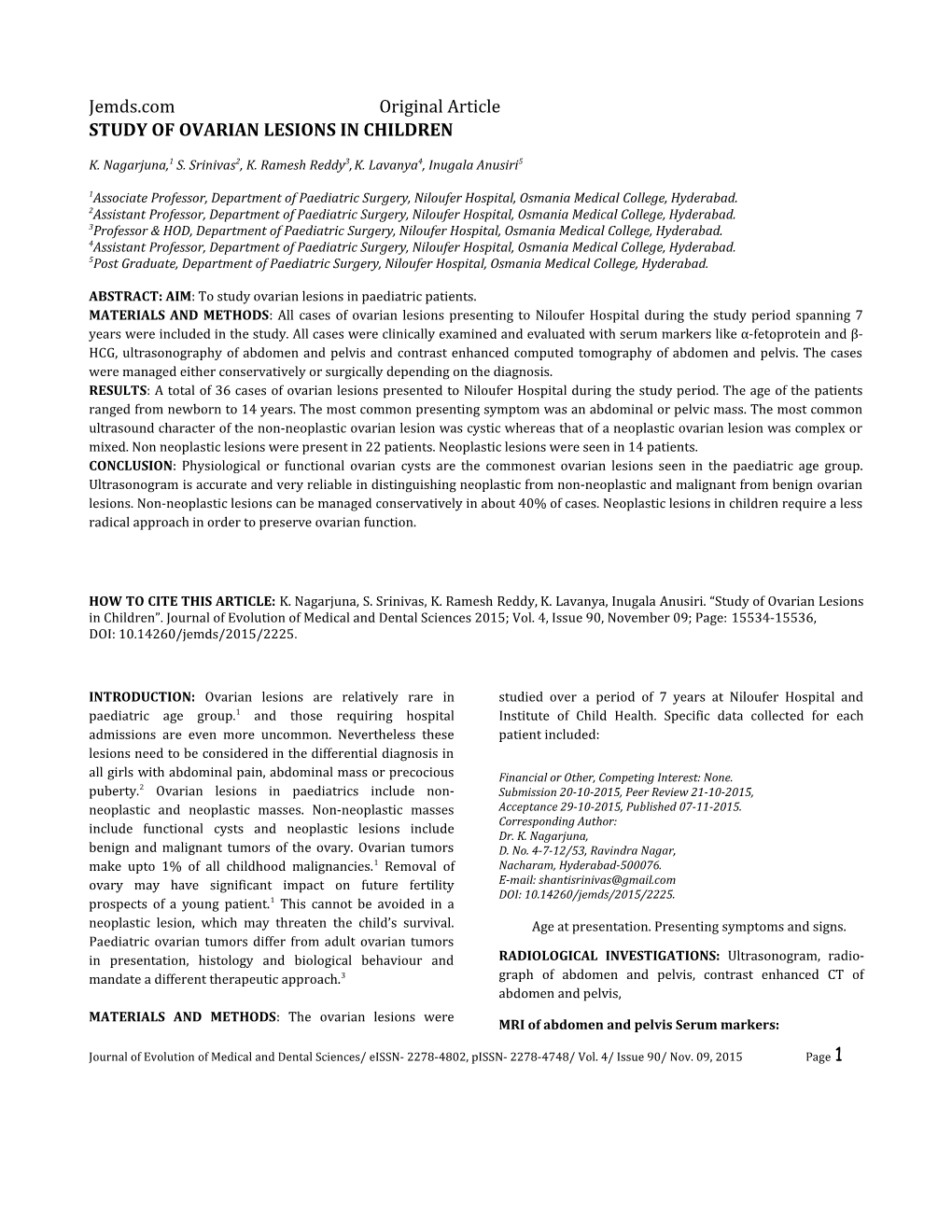 Study of Ovarian Lesions in Children