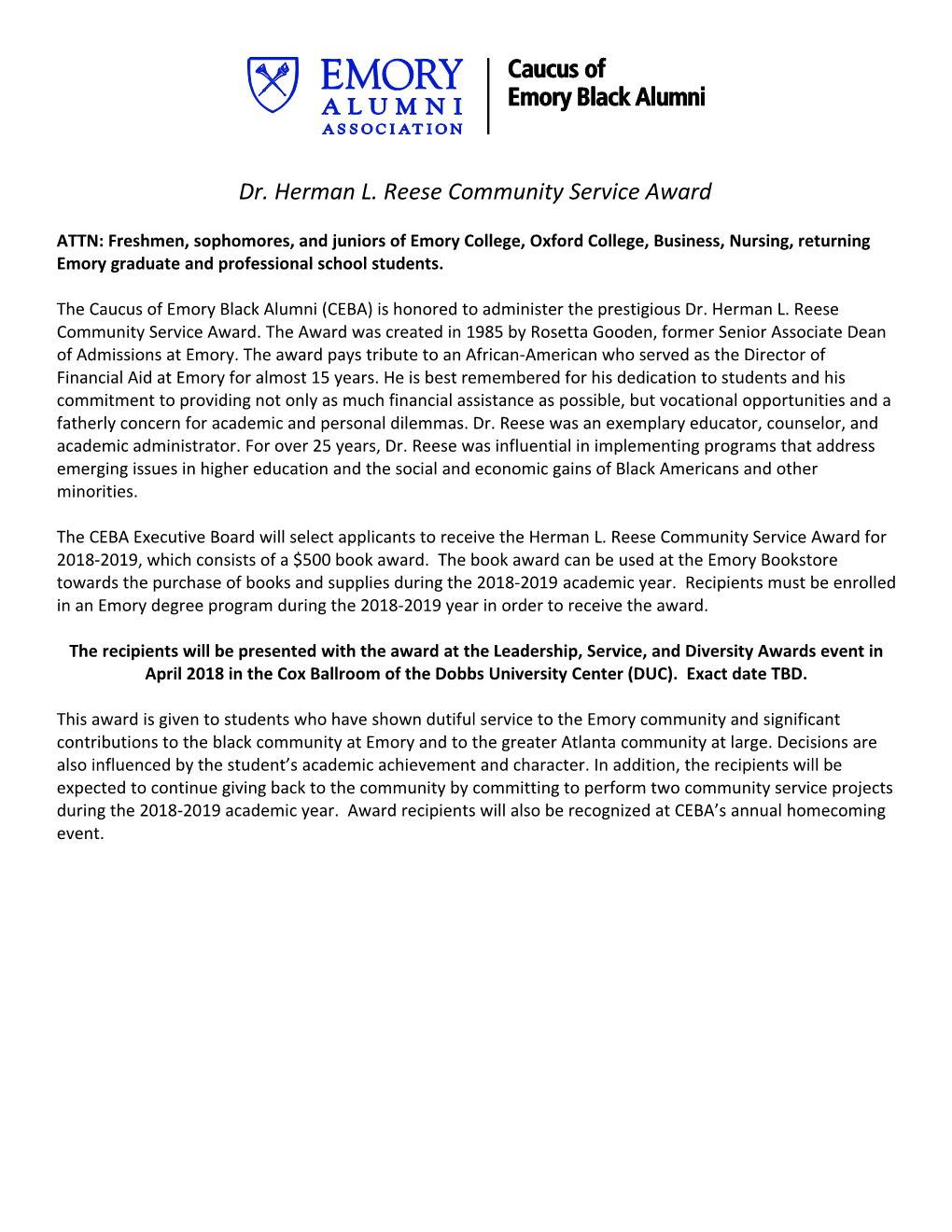 Dr. Herman L. Reese Community Service Award