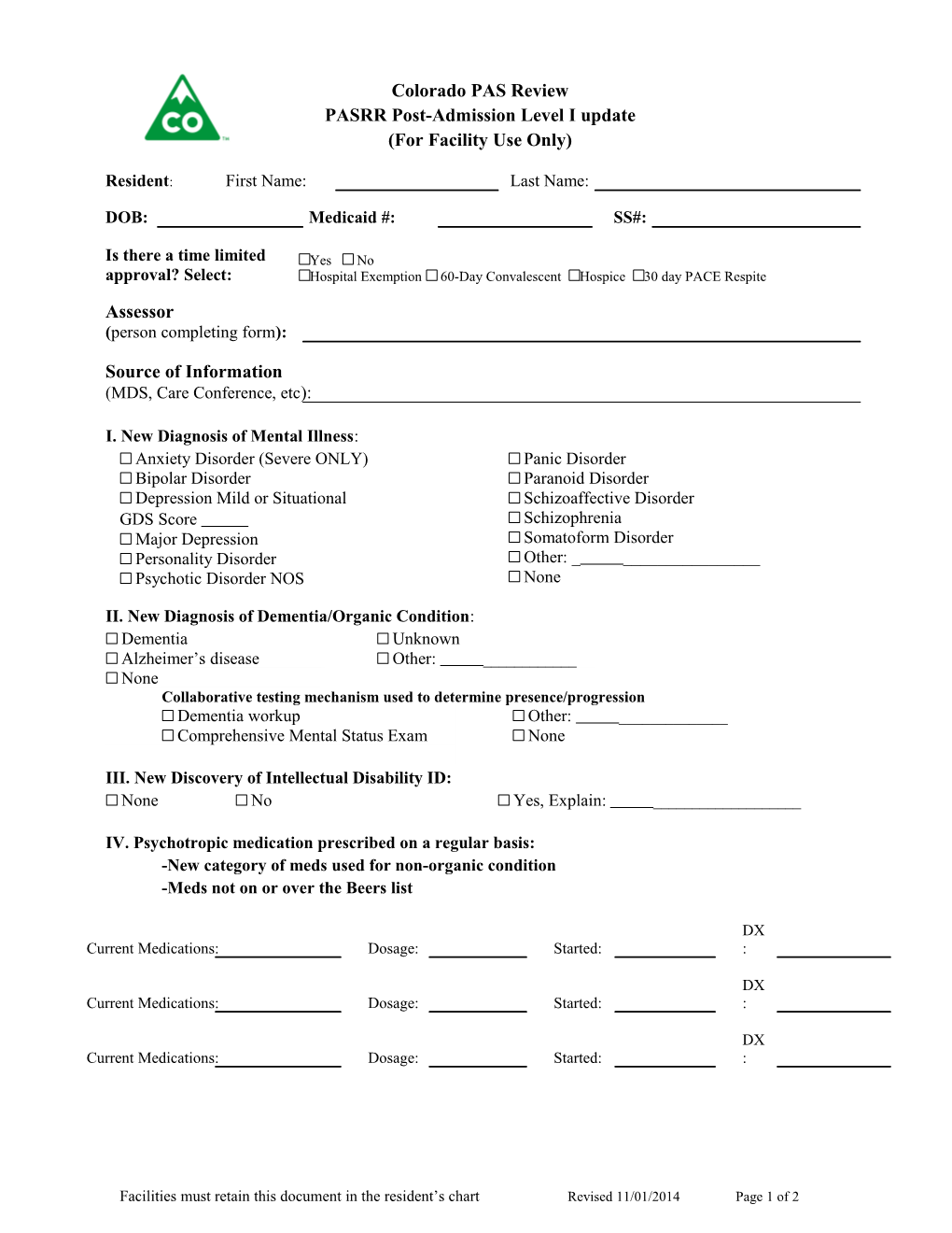 2014 PASRR Post-Admission Level I Form