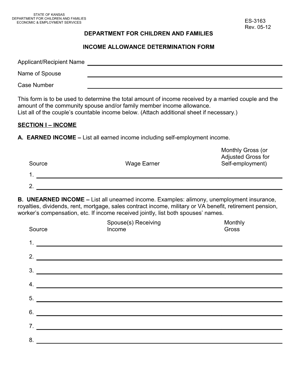 Income Allowance Determination Form