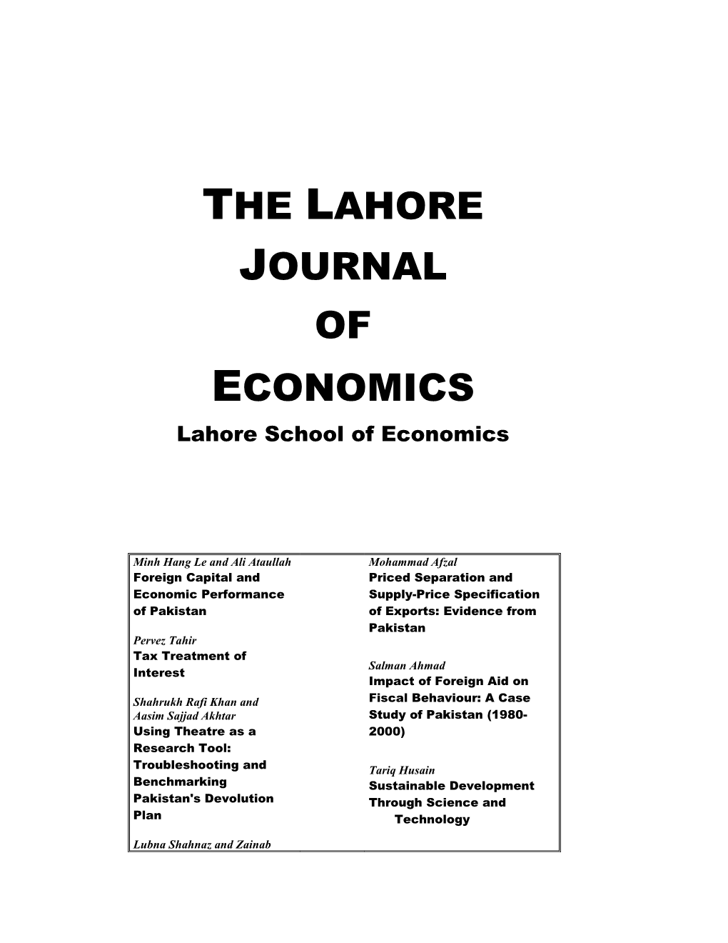 The Lahore Journal of Economics