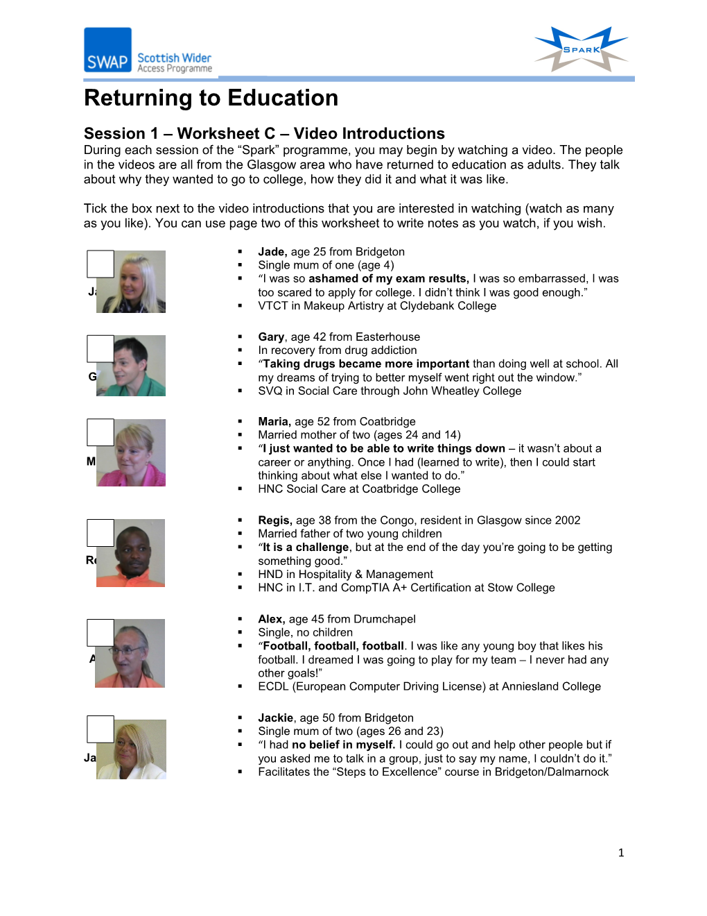 Session 1 Worksheet C Video Introductions